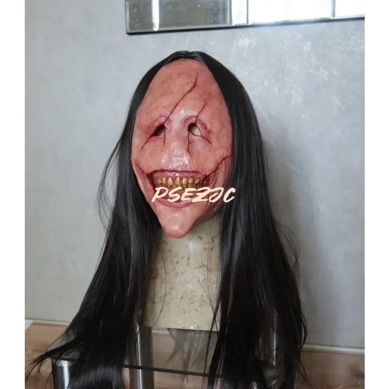 Halloween Horror Long Hair Devil Mask Red Face Devil Mask Toothed Devil Latex Long Hair Mask Theme Party