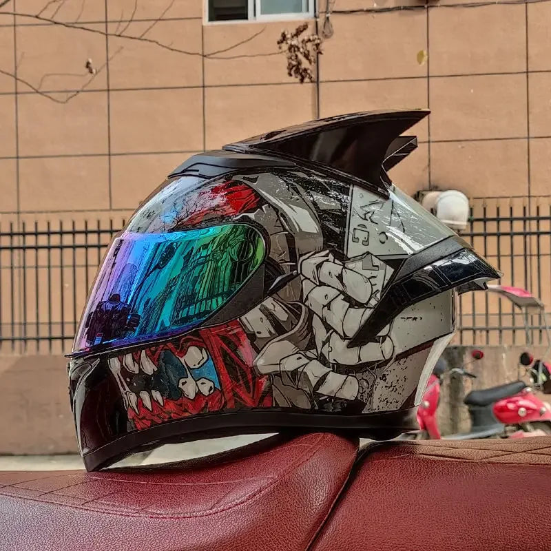 Orz Motorcycle  Full Face Helmet Dual Lens Racing Helmet Personality Horns Modular Flip Up Helmets DOT Approved
