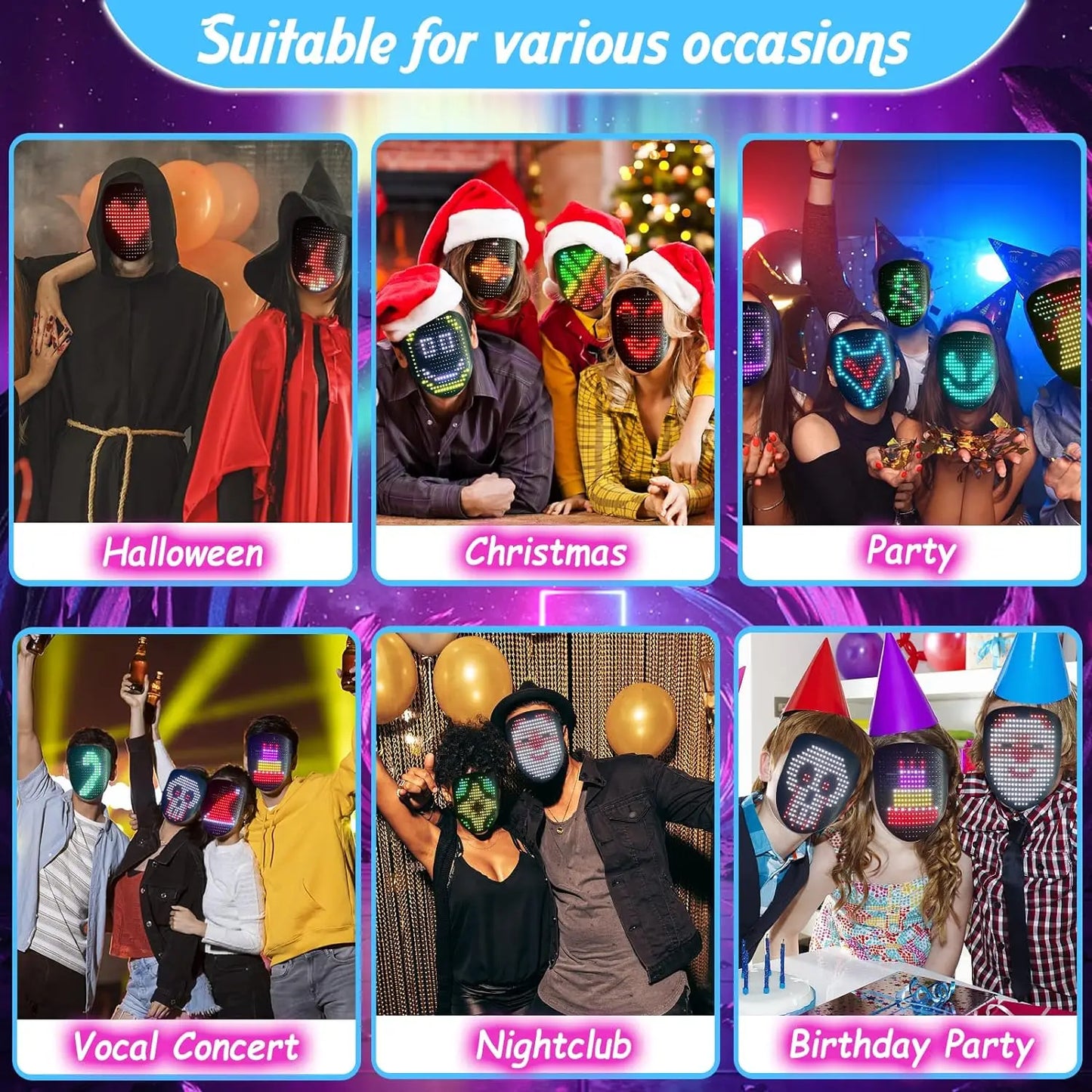 Bluetooth APP Light Up LED Mask Diy Picture Animation Text Halloween Christmas Carnival Costume Party Game Child Masks Deco GIFT