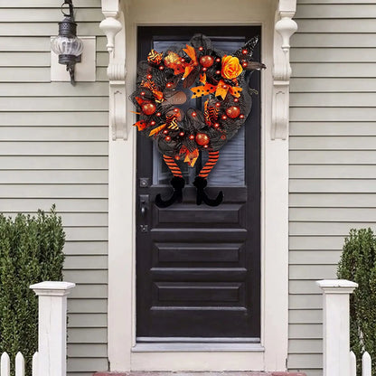 Halloween Wreath With Led Lights Door Hanging Decoration Pumpkin Witch Hat Leg Wreath Carnival Party Gifts Home Halloween Decor