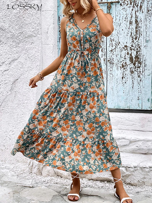 Elegant Floral Long Dress Women Summer Casual Bandage Sleeveless Ruffle Beach Dress Fashion Blue v Neck New in Dresses
