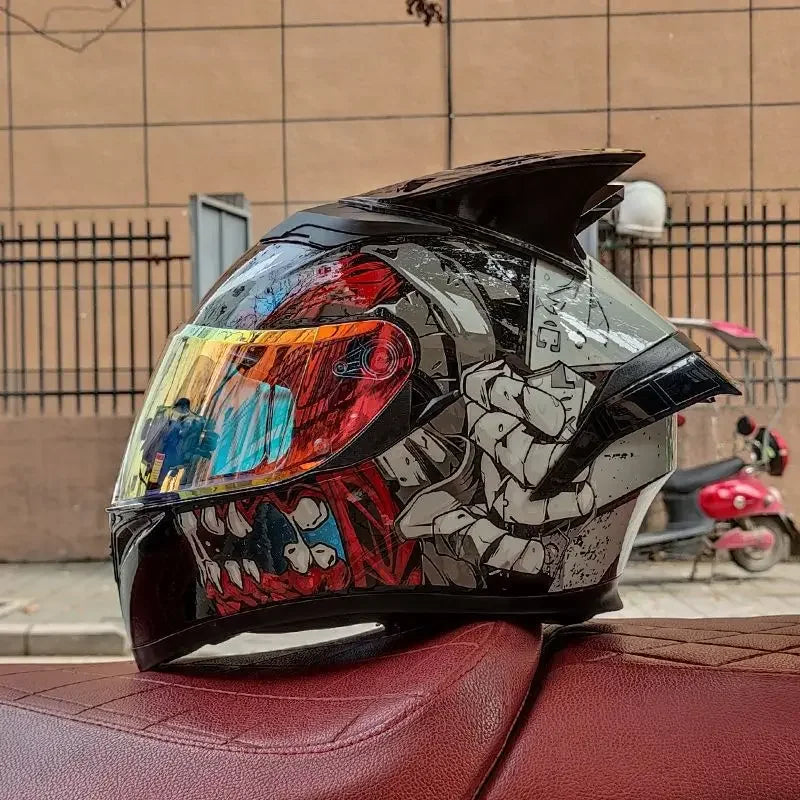 Orz Motorcycle  Full Face Helmet Dual Lens Racing Helmet Personality Horns Modular Flip Up Helmets DOT Approved