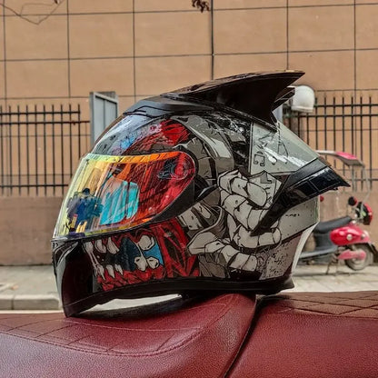 Orz Motorcycle  Full Face Helmet Dual Lens Racing Helmet Personality Horns Modular Flip Up Helmets DOT Approved