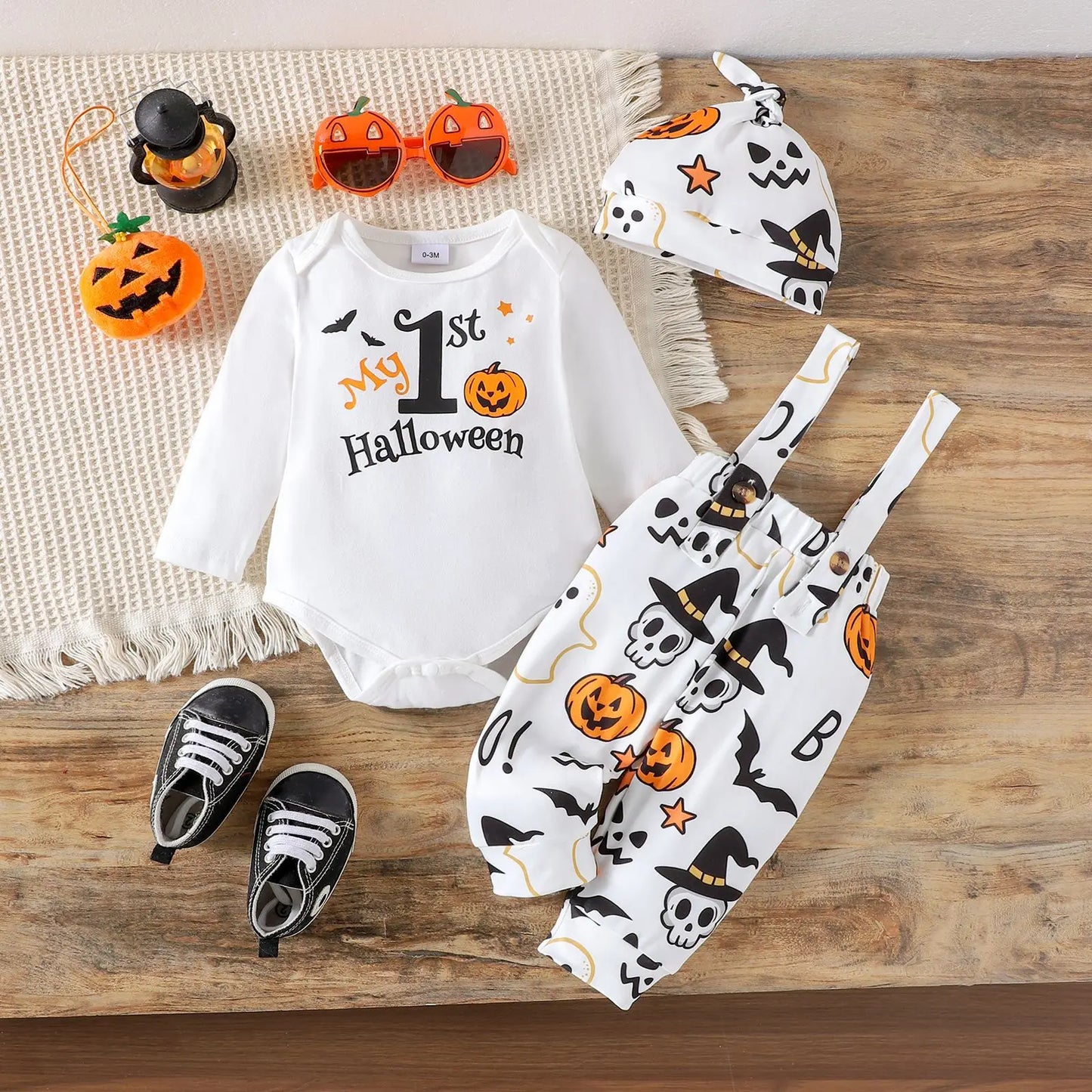 Ceeniu My First Halloween Baby Outfit for Boys Long Sleeve Letter Romper Suspender Pants+Hat Newborns Baby Halloween Costumes