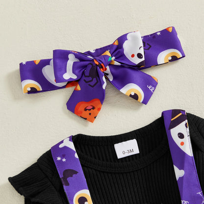 Pudcoco Infant Baby Girls Halloween Sets Solid Color Flying Sleeve Romper Ghost Pumpkin Print Skirt Headband