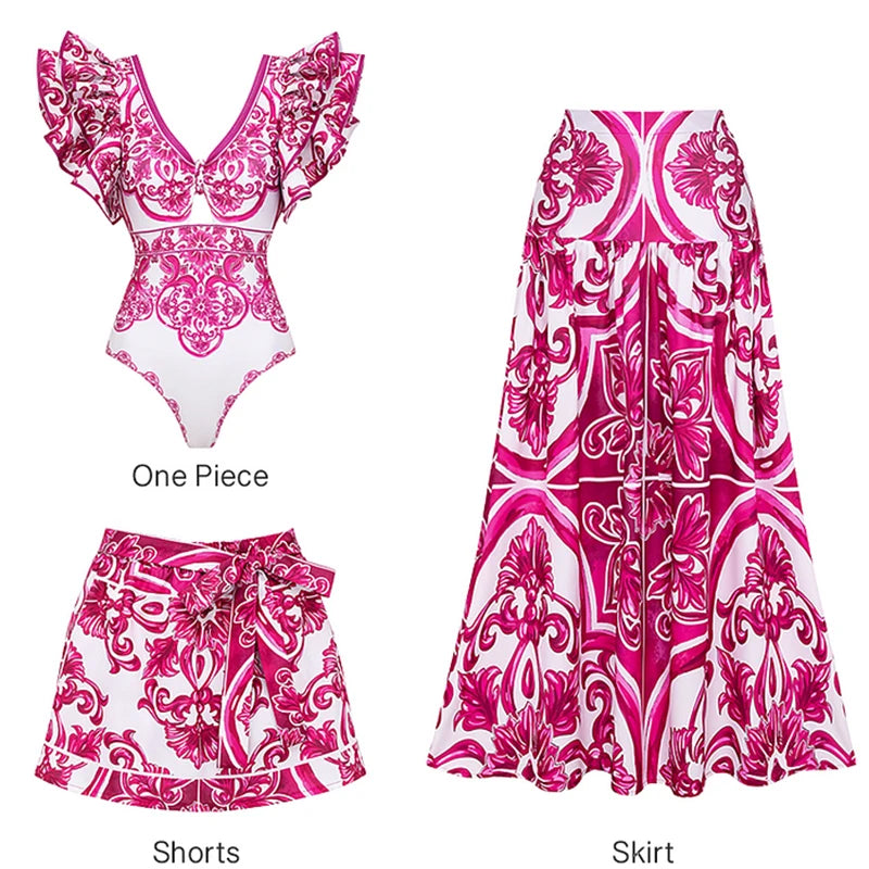 Flaxmaker Classic Women Sexy Bikini Sets Long Sleeves Majolica Series Pattern Print One Piece Swimsuit Skirt Biquini Beachwear