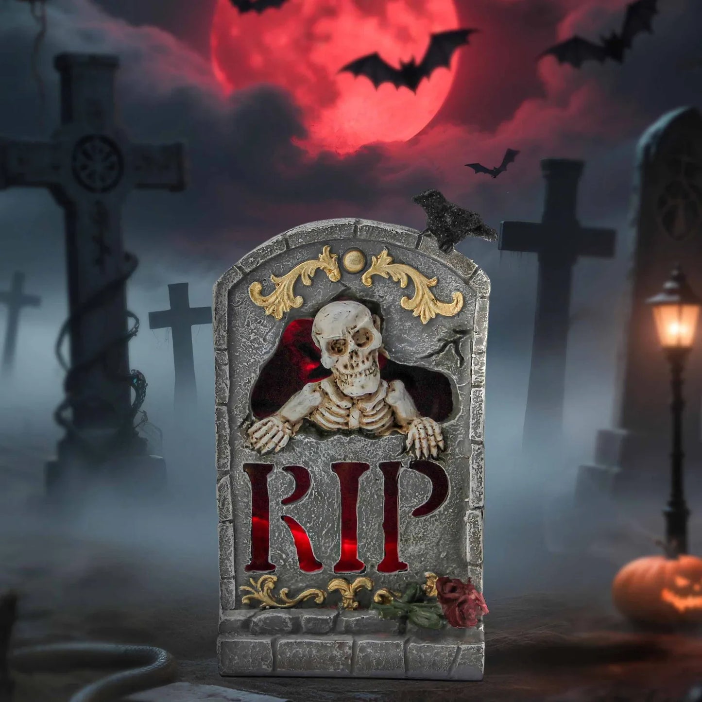 Halloween Tombstone Decoration With LED Lights Spooky Tombstone Statue Skeleton Ghost Skull Tombstone Miniature Figurines