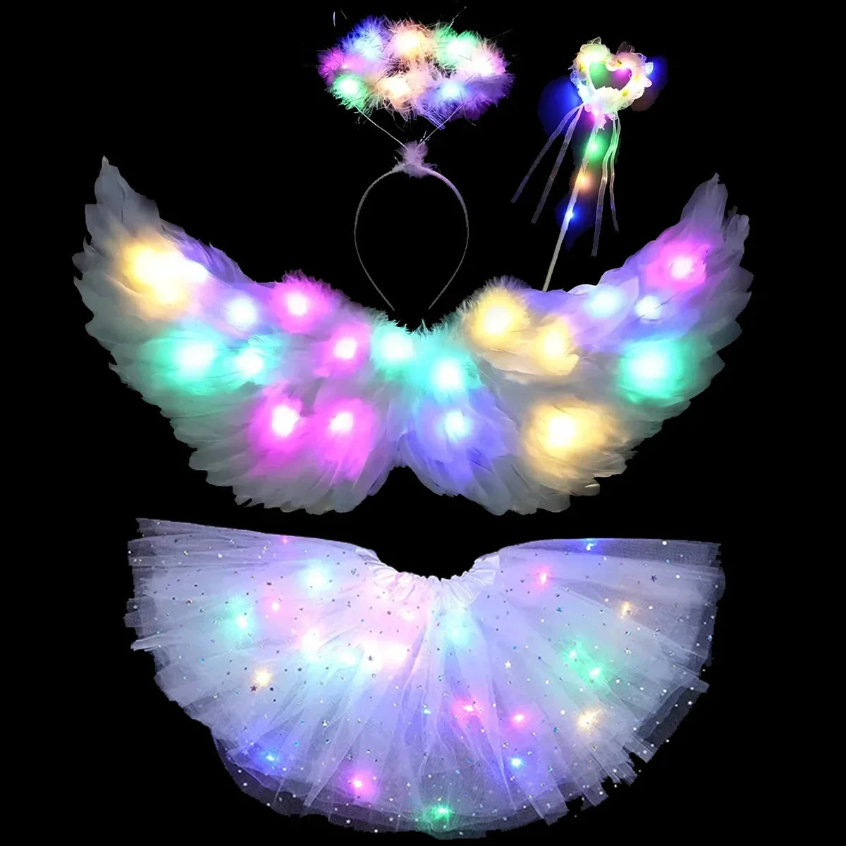 Women Girls Angel Feather LED Wings Halo Light Up Angel Wings Fairy Wands Glow Tutu Skirt Carnival Halloween Cosplay Costume