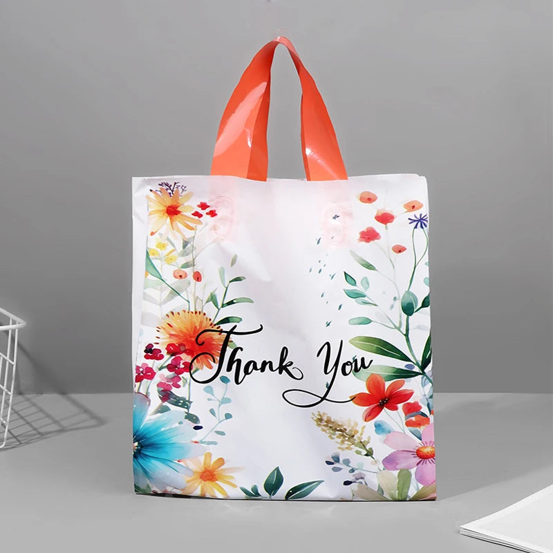 10/20/30Pcs Thank You Gift Bag Floral Design Plastic Tote Bags for Wedding Birthday Party Gift Packaging Thanksgiving Christmas