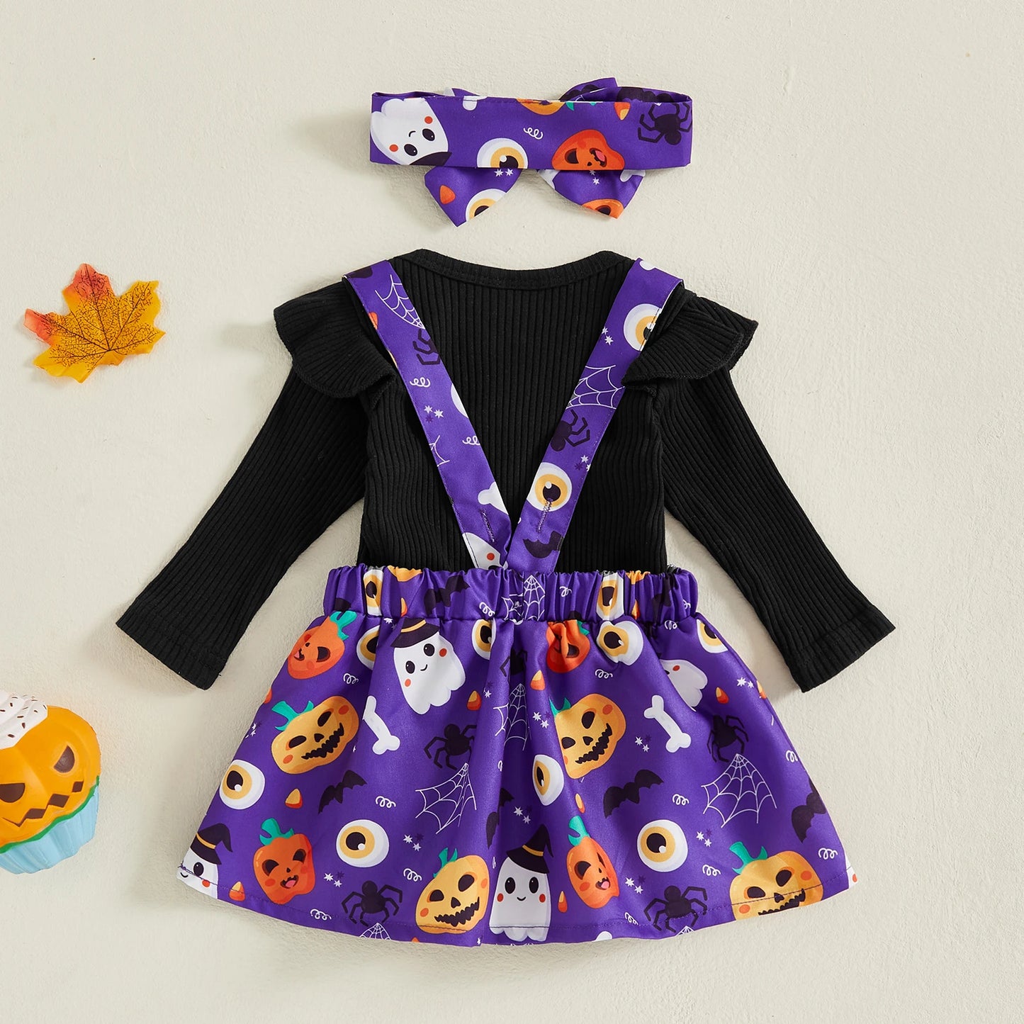 Pudcoco Infant Baby Girls Halloween Sets Solid Color Flying Sleeve Romper Ghost Pumpkin Print Skirt Headband