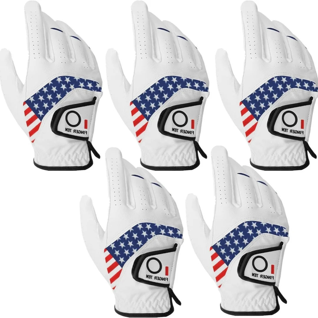 USA Flag Golf Gloves Men's Left Hand Right Hand Leather 5 Pack Golfer All Weather Grip
