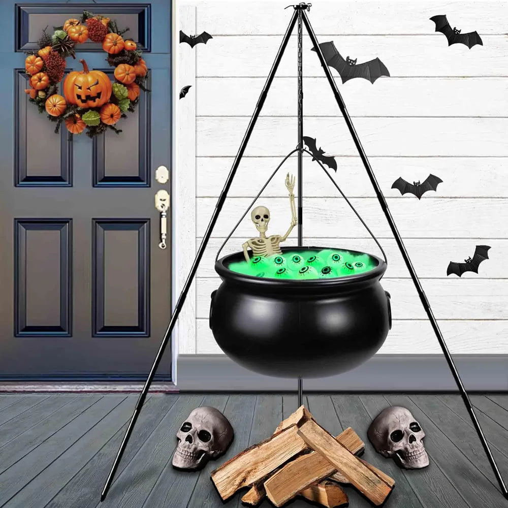 Witches Cauldron for Yard Decorations Halloween Witch Cauldron With Tripod With Eyeballs String Lights and Skeleton for Home