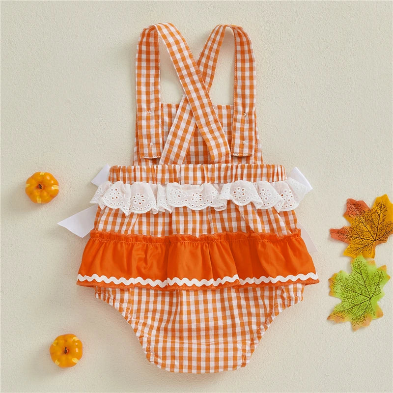 Toddler Baby Girls Halloween Romper Casual Sleeveless Square Neck Pumpkin Plaid Printed Jumpsuit Fashion Infant Newborn Clothes