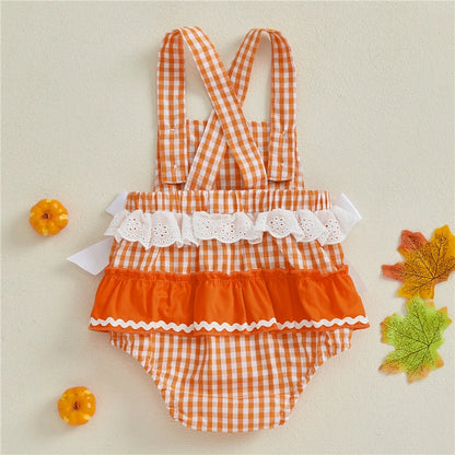 Toddler Baby Girls Halloween Romper Casual Sleeveless Square Neck Pumpkin Plaid Printed Jumpsuit Fashion Infant Newborn Clothes