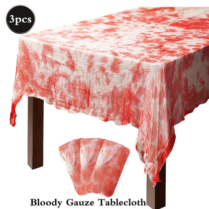1/3/5pcs Halloween Tablecloth Bloody Gauze 85'' X 60'' Scary Bloody Table Cover Halloween Party Supplies Spook House Decorations