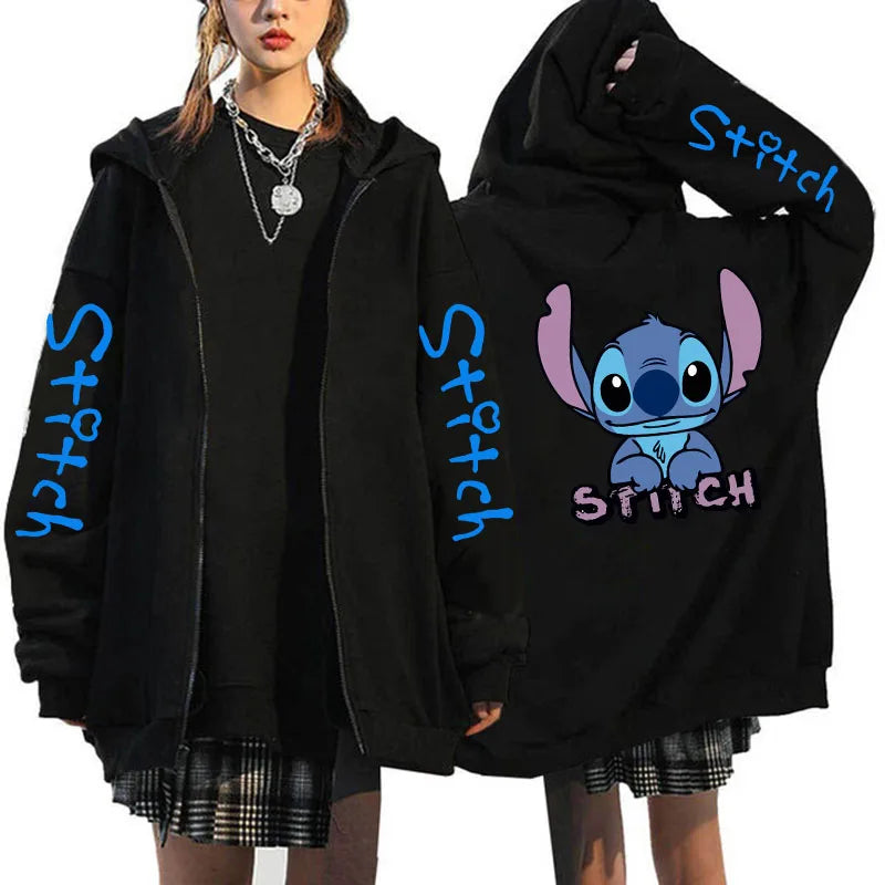 Oversized Y2k Zip-Up Hoodie Disney Women's Lilo & Stitch Costume Winter Clothes Woman Long Sleeve Warm Jacket Zip-Up Street Tops