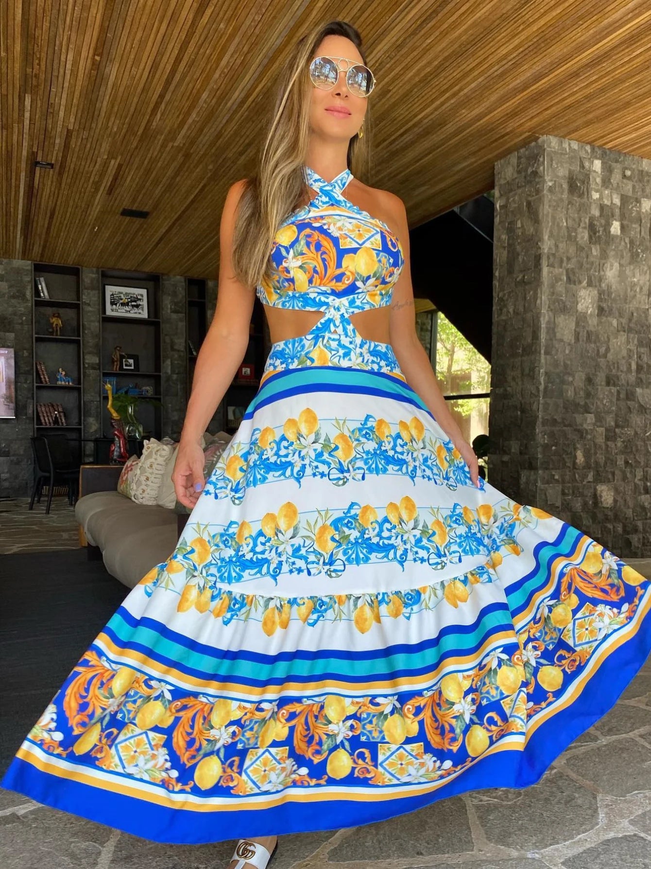 New Bohemian Sexy Printed Women Dresses Halter Sleeveless Backless Naked Waist Long Dress Fashion Summer Beach Holiday Robe