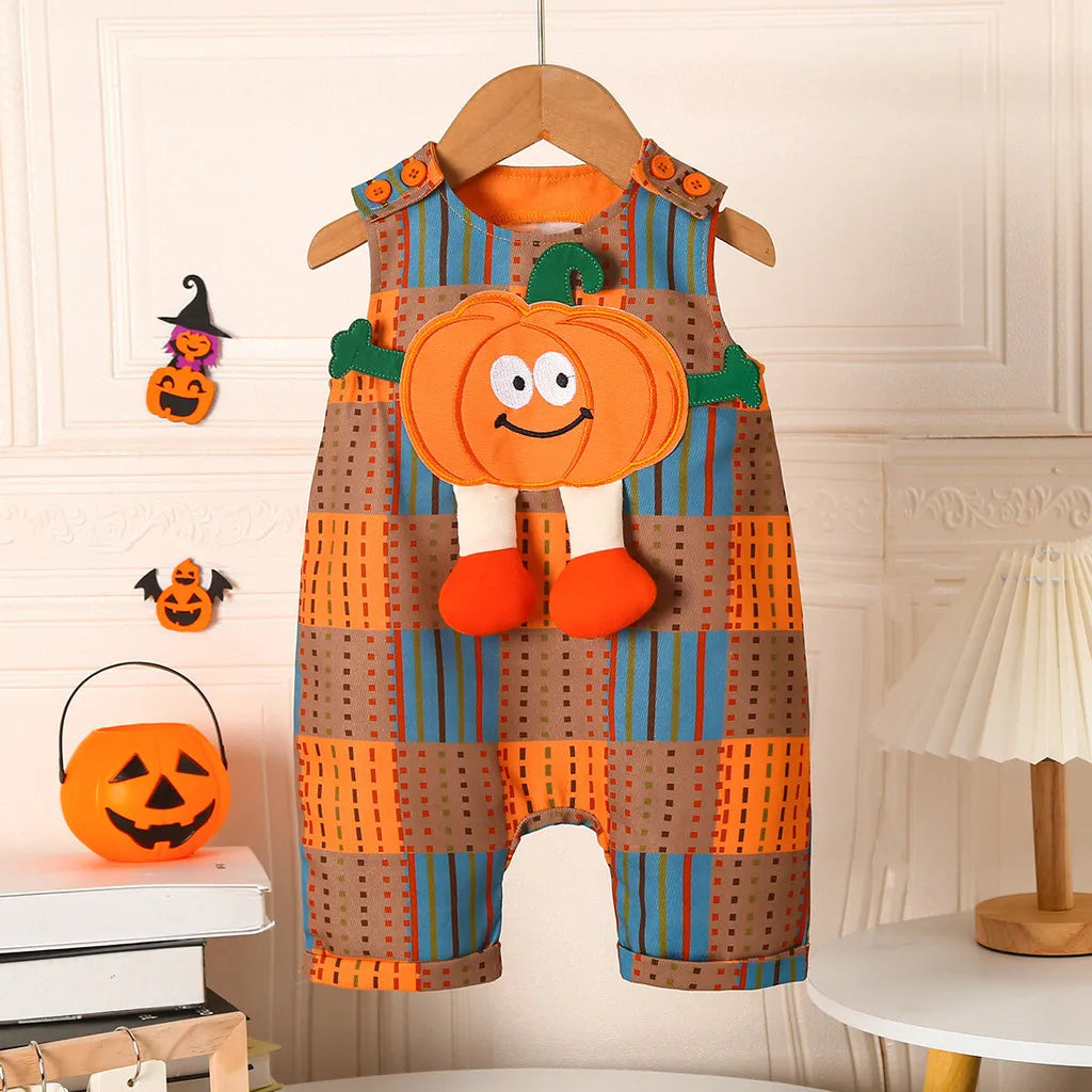 3-24Months Infant Baby Unisex Halloween Orange Cute Pumpkin Pattern Checkered Jumpsuit for Holiday Parties and Celebrations