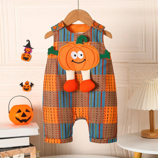 3-24Months Infant Baby Unisex Halloween Orange Cute Pumpkin Pattern Checkered Jumpsuit for Holiday Parties and Celebrations