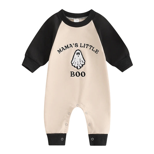 Baby Boys Halloween Casual Romper Long Sleeve Crew Neck Letter Ghost Embroidery Jumpsuit