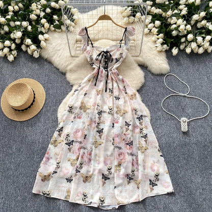 Elegant Sexy  Off Shoulder Vintage Print Split Slip Dress Summer Beach Vestidos Slim Sleeveless Women Party Dresses