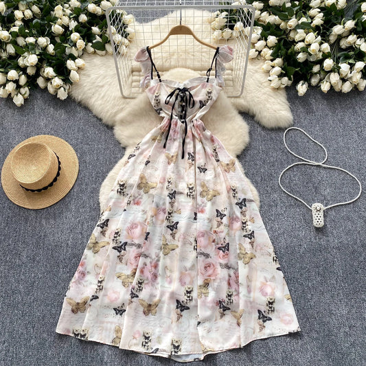 Elegant Sexy  Off Shoulder Vintage Print Split Slip Dress Summer Beach Vestidos Slim Sleeveless Women Party Dresses