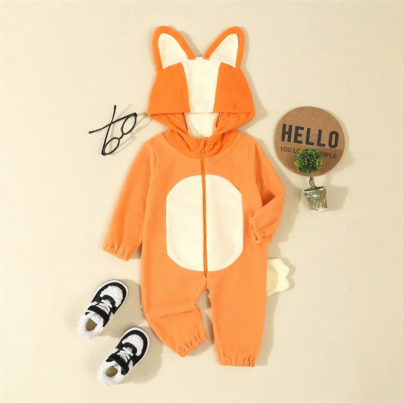 Cartoon Blue Orange Dog Costume for Toddler Baby Boys Girls Halloween Costume Hooded Ear Tail 1Piece Jumpsuit