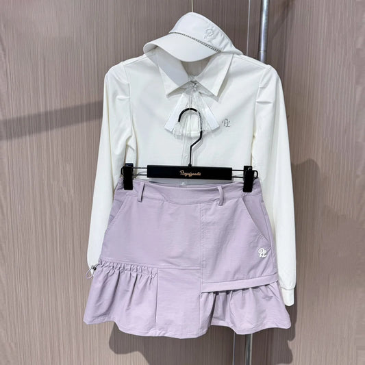 PL Women Long Sleeve Golf Polo Shirts Ladies Autumn New T-Shirt Bowknot Lapel Sports Top Ladies Cargo Short Skirts Slim Skort