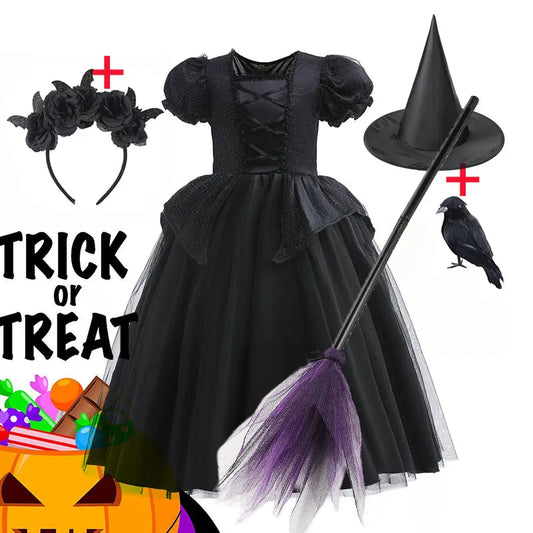 Deluxe Witch Uniform Girl Halloween Costume Evil Wizard Dress With Witch Hat Kid All Saint Day Stage Performance Apparel Vestido