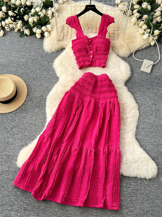 SINGREINY Casual Beach Style 2pcs Suits Single Breasted Mini Camisole+Elastic Waist a Line Fold Slim Skirt Gentle Women Sets
