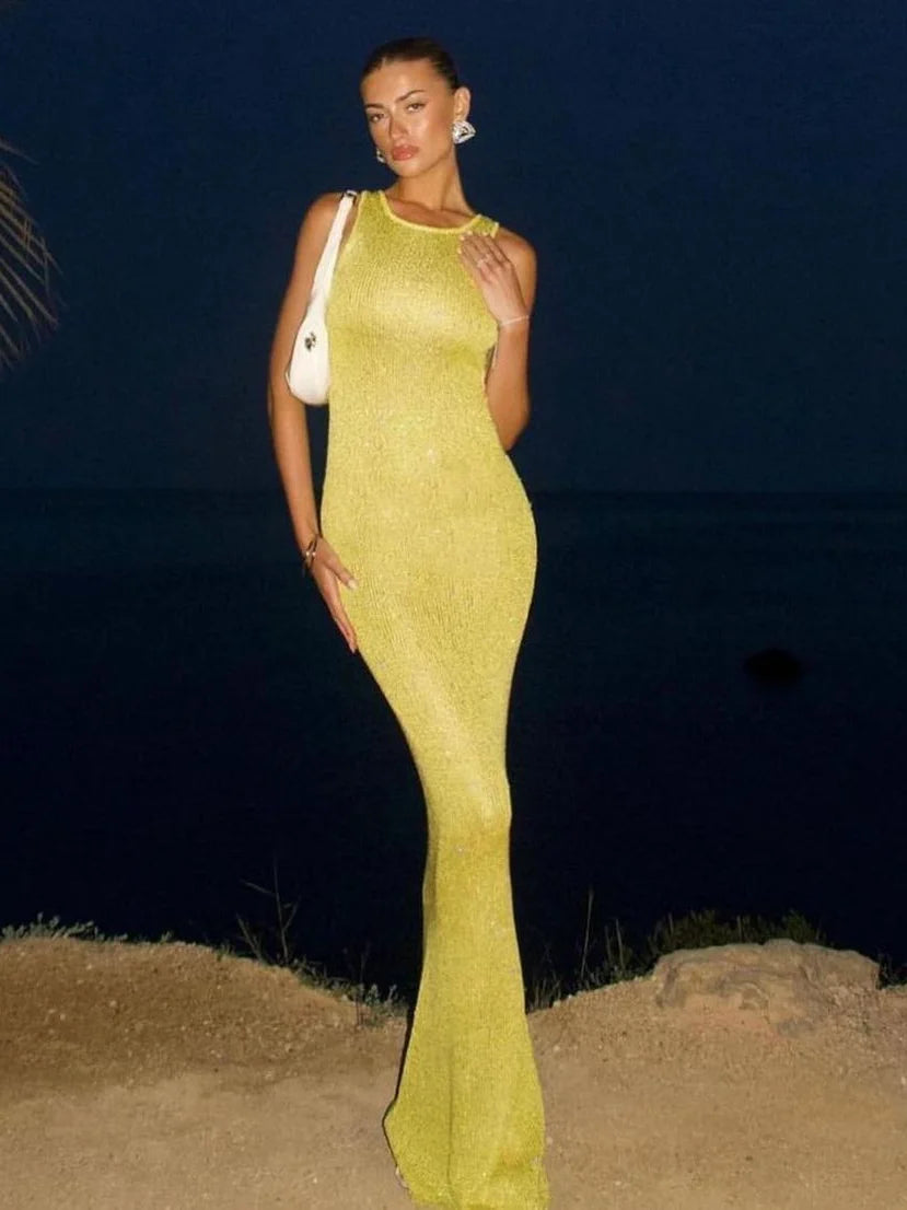 Sexy Blue Shiny Sequin Slim Fit  Women Sling Long Dress Fashion Sleeveless Backless U Neck Robe 2025 Summer New Lady  Beach Wear