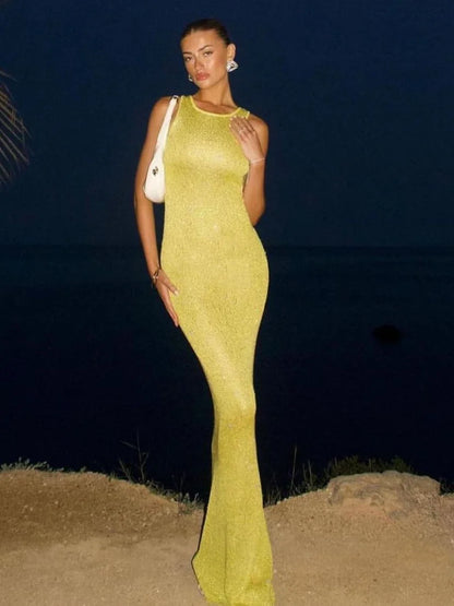 Sexy Blue Shiny Sequin Slim Fit  Women Sling Long Dress Fashion Sleeveless Backless U Neck Robe 2025 Summer New Lady  Beach Wear
