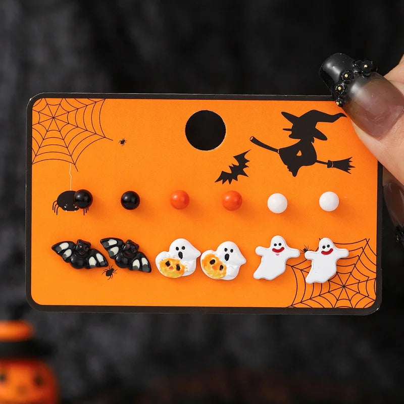 6pcs Women's Earrings Set Halloween Earrings for Women Fashion Creative Jewelry 2024 Bat Ghost Pumpkin Black Cat Stud Earrings