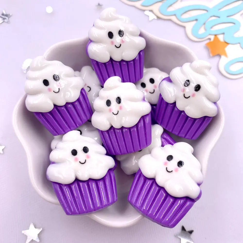 8Pcs Resin Cute Colorful 3D Ghosts Bat Cake Pumpkin Owl Skull Head Figurines Flatback Stone Decor DIY Halloween Scrapbook Crafts