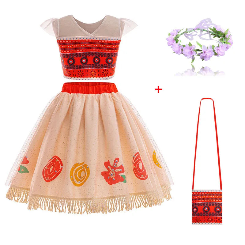 New Movies Moana Ocean Adventure Girls Role Play Costume Dress Bag Garlands Outfits Kid Halloween Party Printed Tassels Dress