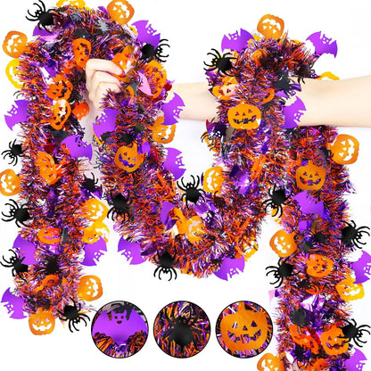2m Halloween Tinsel Garland With Pumpkin Spider Bat Shiny Metallic Twist Garland for Home Tree Indoor Outdoor Party Decorations