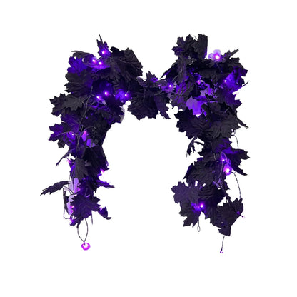 1pc Halloween Artificial Hanging Fall Leave Vines With 20 LED Black Leaf Garland With Purple Lights Battery Powered Horror Atmo