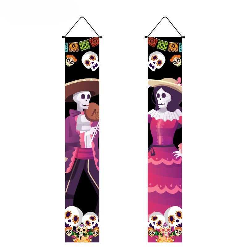 Halloween Hanging Door Curtain Skeleton Banner Happy Halloween Party Porch Sign for Home Party Decor Halloween Decorations 2025