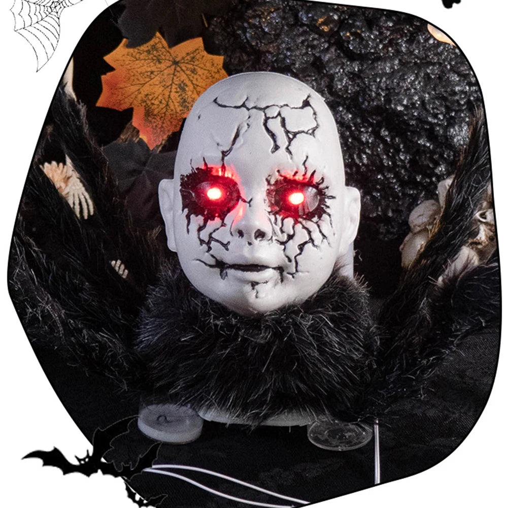 Halloween Animatronic Doll Face Spider Sound Activated Scary Walking Spider Haunted House Prop Halloween Party Decoration