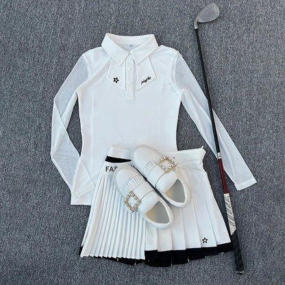 Golf Women's Long-Sleeved Polo Shirt, Summer Mesh Sleeve Sunshade, Quick-Drying, Breathable and Slimming Outdoor Sports Set