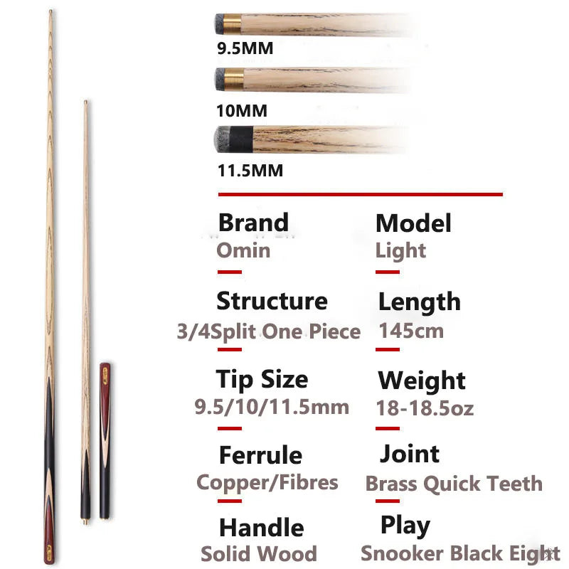 New Arrival OMIN Snooker Cue Stick Cobras 9.5mm/10mm/11.5mm Tip Size Ash Shaft Ebony Wood Handle With Snooker Cue Case Set