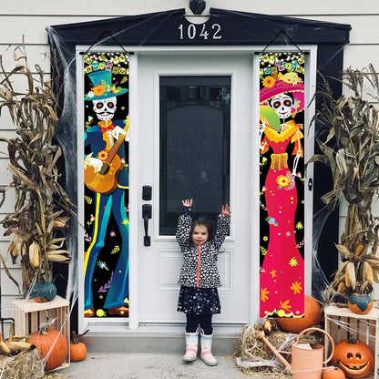 Mexican Day of the Dead Halloween Couplet Scary Skeleton Couple Flag Halloween Decoration Hanging Flag Banner Door Decor