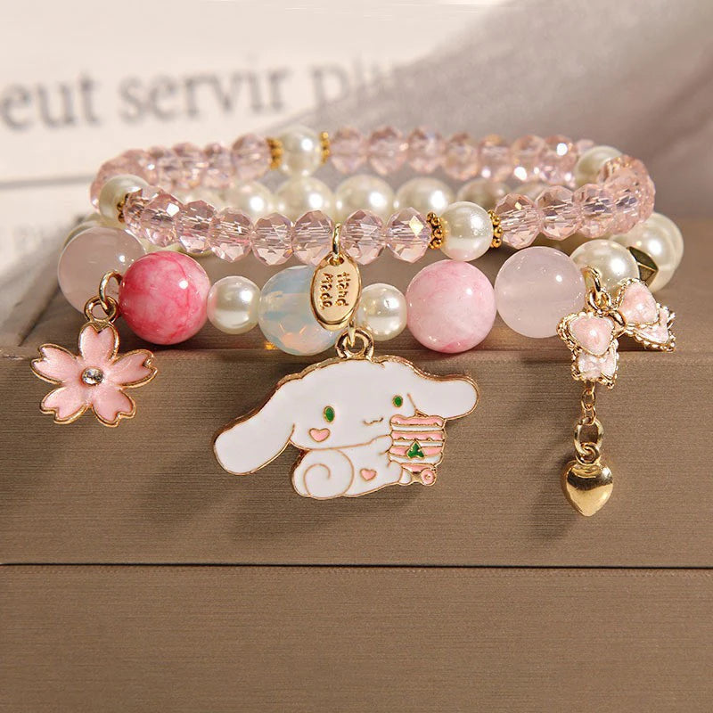 1Pc Anime Sanrio Bracelet Cinnamoroll Bow Crystal Beads Bracelet Kawaii Cinnamorol Kuromi Pendant Accessories Jewelry Gift