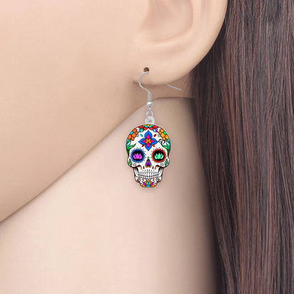 BONSNY Acrylic Halloween Decorations Floral Sugar Skull Skeleton Earrings Drop Dangle for Women Girls Teens Novelty Punk Gifts