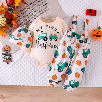 Ceeniu My First Halloween Baby Outfit for Boys Long Sleeve Letter Romper Suspender Pants+Hat Newborns Baby Halloween Costumes