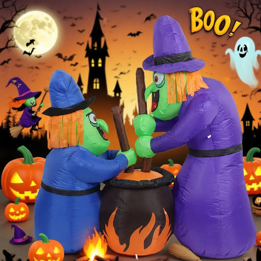 5Ft Halloween Inflatable Two Witches and Cauldron Decoration With Light, Inflatable Yard Decor Blow Up With Build-In LEDs