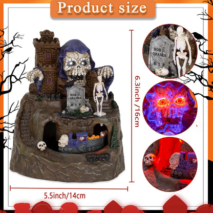 Animated Halloween Village House Decor With Moving Train Pre-Lit Music Skull Ghosts Tombstones Figurines Spooky Party Atmosphere
