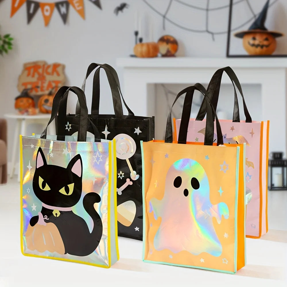 Halloween Party Bags - Non-Woven Fabric Gift Bags With Pumpkin, Grimace, Cat, Bats, Candy Designs  - Sturdy Handles for Trick