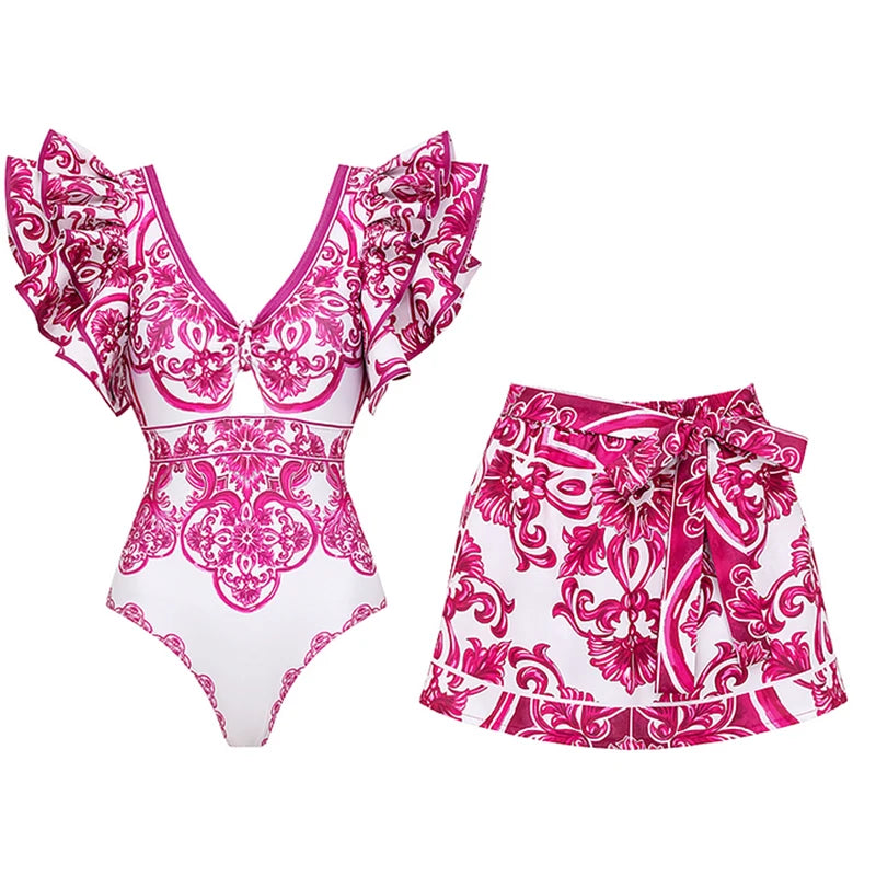 Flaxmaker Classic Women Sexy Bikini Sets Long Sleeves Majolica Series Pattern Print One Piece Swimsuit Skirt Biquini Beachwear