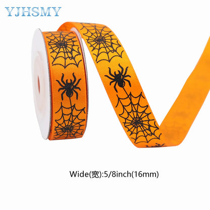 5/8'' Wide Halloween Ribbons Satin Ribbon Pumpkin Ghost Skull Printed Halloween Wrapping Ribbon for Halloween Theme DIY Craft